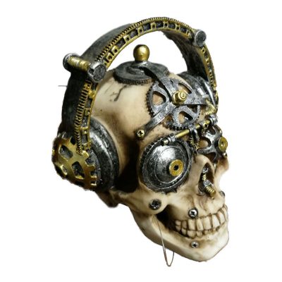 Craniu decorativ din rasina, model mic cu casti audio